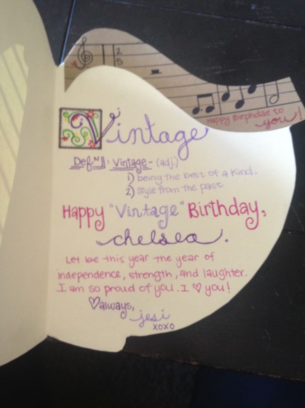 here is the inside. your 25th birthday is your "vintage" birthday. my friend is a graphics communication major so I tried to play around with typography - my lame attempt, haha!