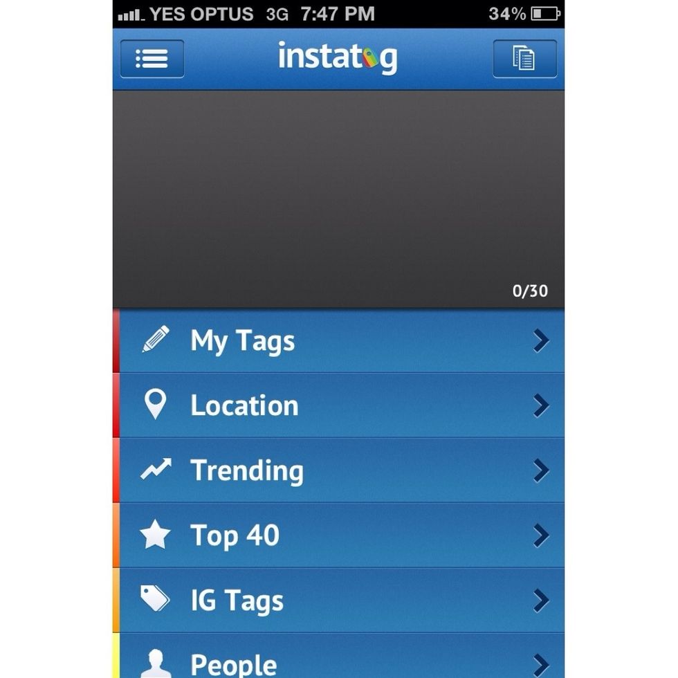 Here is the Instatag home screen. Where you can select from a number of different hashtags categories. To start I'm going to click on my favourite, the Location category.