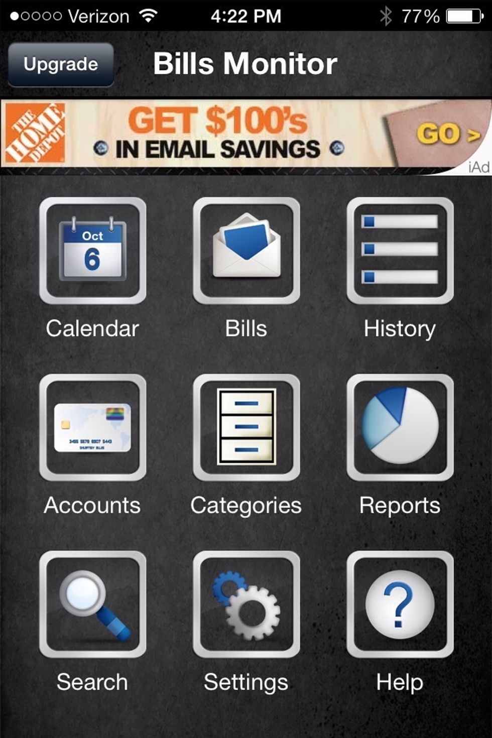 Here is the main screen for the application. Here you can choose to add an account and begin paying bills.