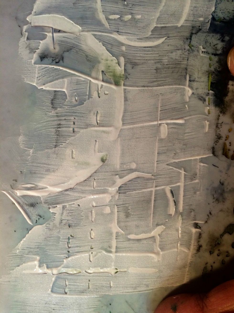 Here is the Mud applied to the stencil using the Catalyst Spatula by Princeton Brush Company. It's a great tool to use when applying texture through a stencil. Works great with the Mud.