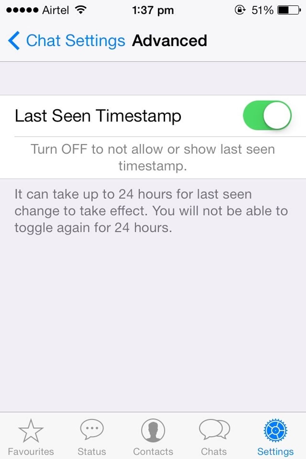 Here is the option to turn off timestamp. As written above one can only turn it back in after 24 hours...this is not true for the android app. Where the user can keep switching it off and back on.