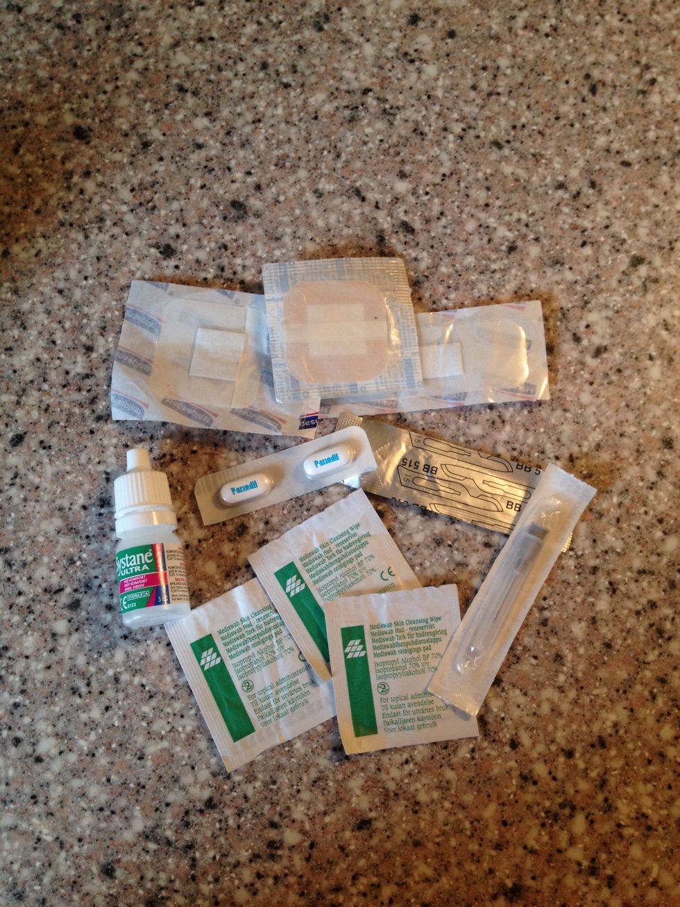 Here is what I have in my first aid kit. Bandaid for small cuts, sterile needle for removing splinters, sterile scalpel for lancing blisters, alcohol wipes, eye drops and headache pills.