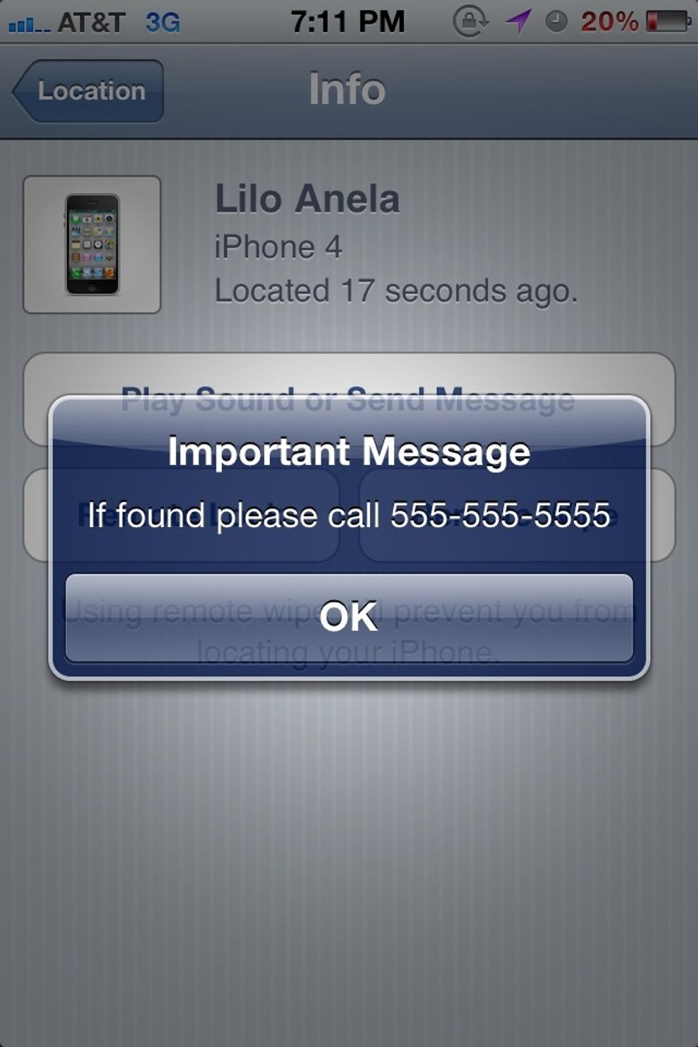 Here is what the message will look like if the device is unlocked or it will show in the locked menu if locked.