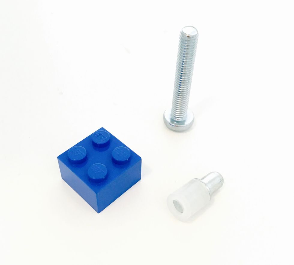 Here is what you need: A LEGO brick, a 30mm M5 screw and the spacer washer - mine comes from a leftover plug of a PAX shoe shelf