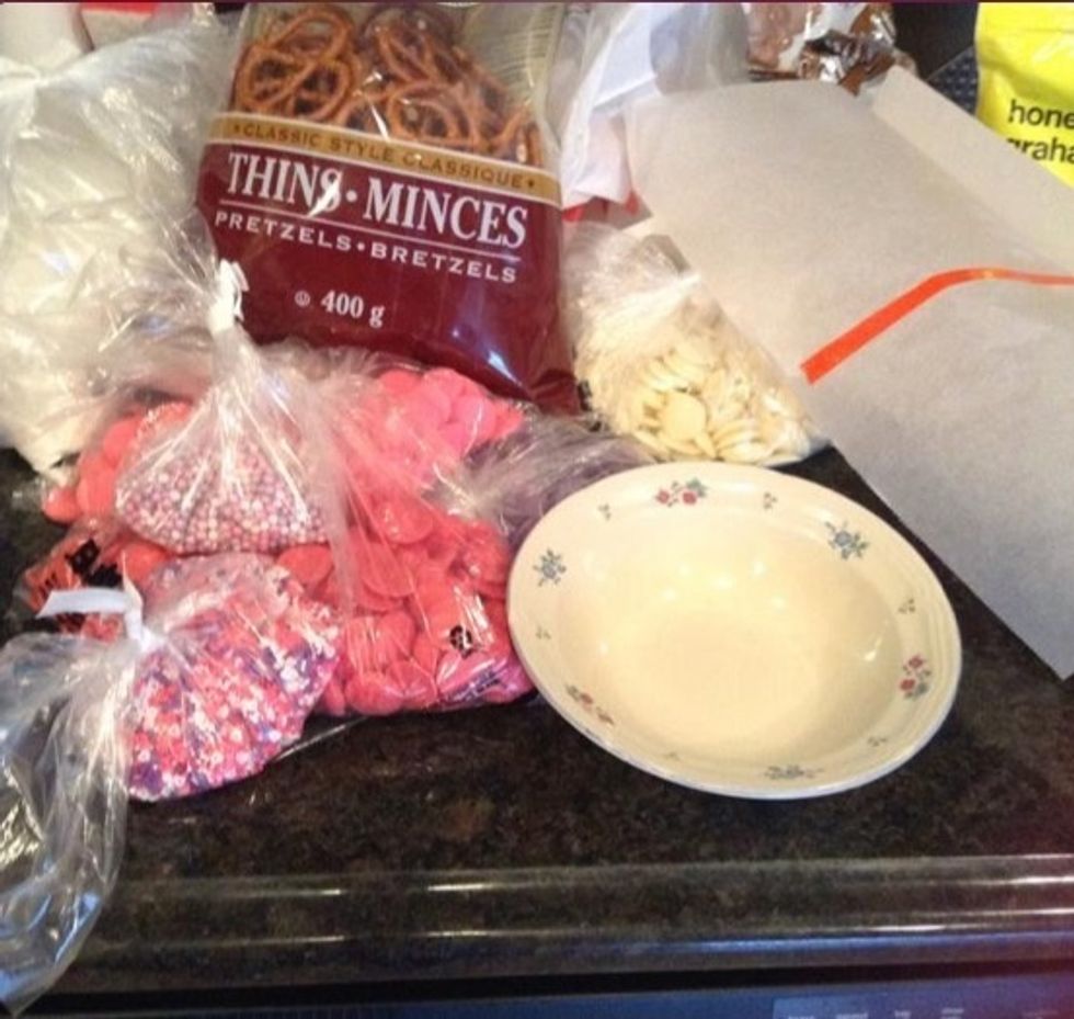 Here is what you need: \u2022a bag of pretzels \u2022Candy melts aka chocolate to melt \u2022parchment paper \u2022sprinkles (if you wish) \u2022a few bowls to melt the chocolate in