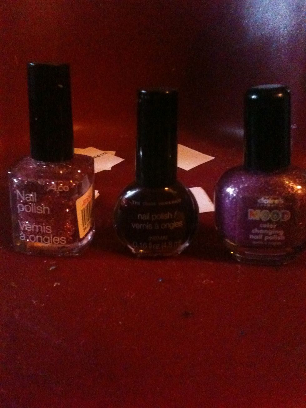 Here is what you will need. One light, one dark, and one sparkle nail polish.