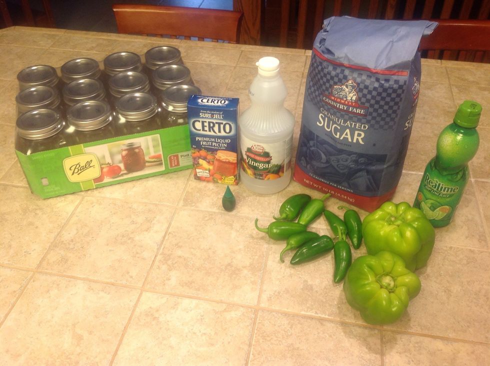 Here is what you will need to make a double batch of Jalepeno jelly. You will only need 5 pint jars.