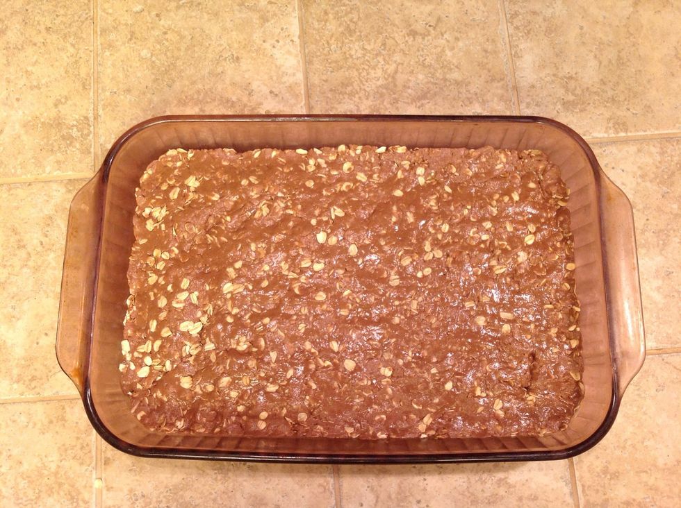 Here is what your delicious protein bars (they taste like No-Bake cookies) will look like when pressed into a 9 x 16 pan. Refrigerate for an hour, cut into bars and store in tupperware container.