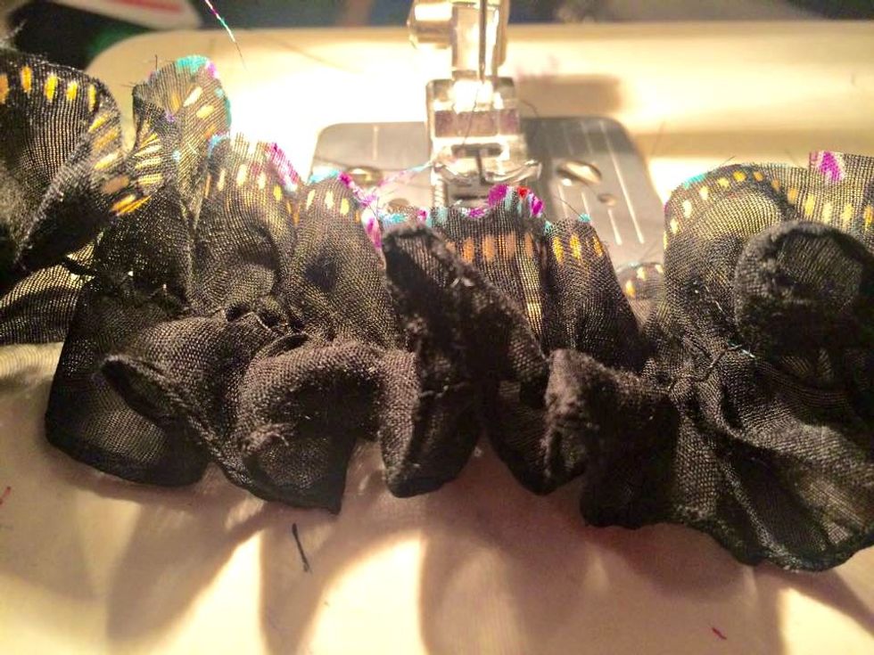 Here it is all gathered..not perfect by any means and thats just fine. I did two pieces like this to add to my project. There is also fringe at the bottom edge which is going to add awesome texture.