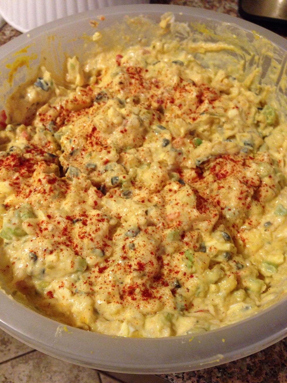 Here it is, your finished Potato Salad! Add some paprika to the top of the salad for some color and more flavor.