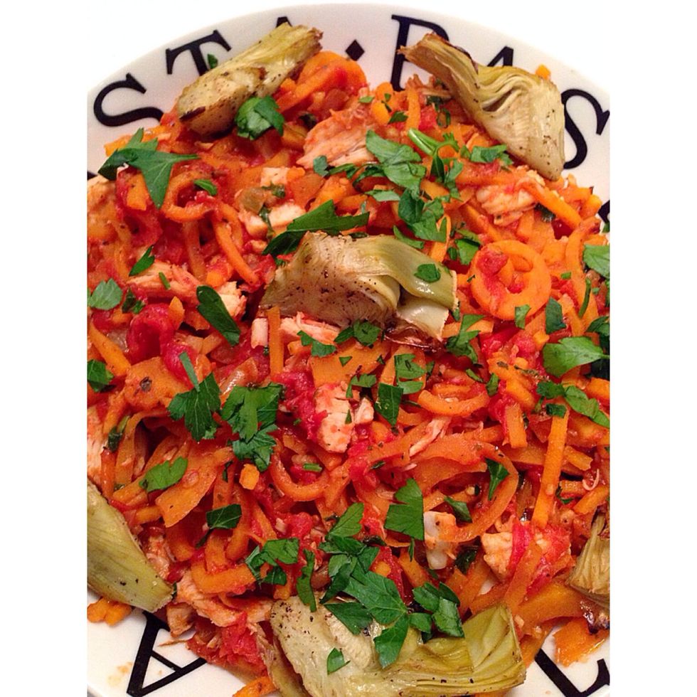 Here's a great dish from inspiralized.com using sweet potato noodles, Tomato Sweet Potato Noodles with Roasted Artichokes & Chicken. Check out my guides for how to make it!