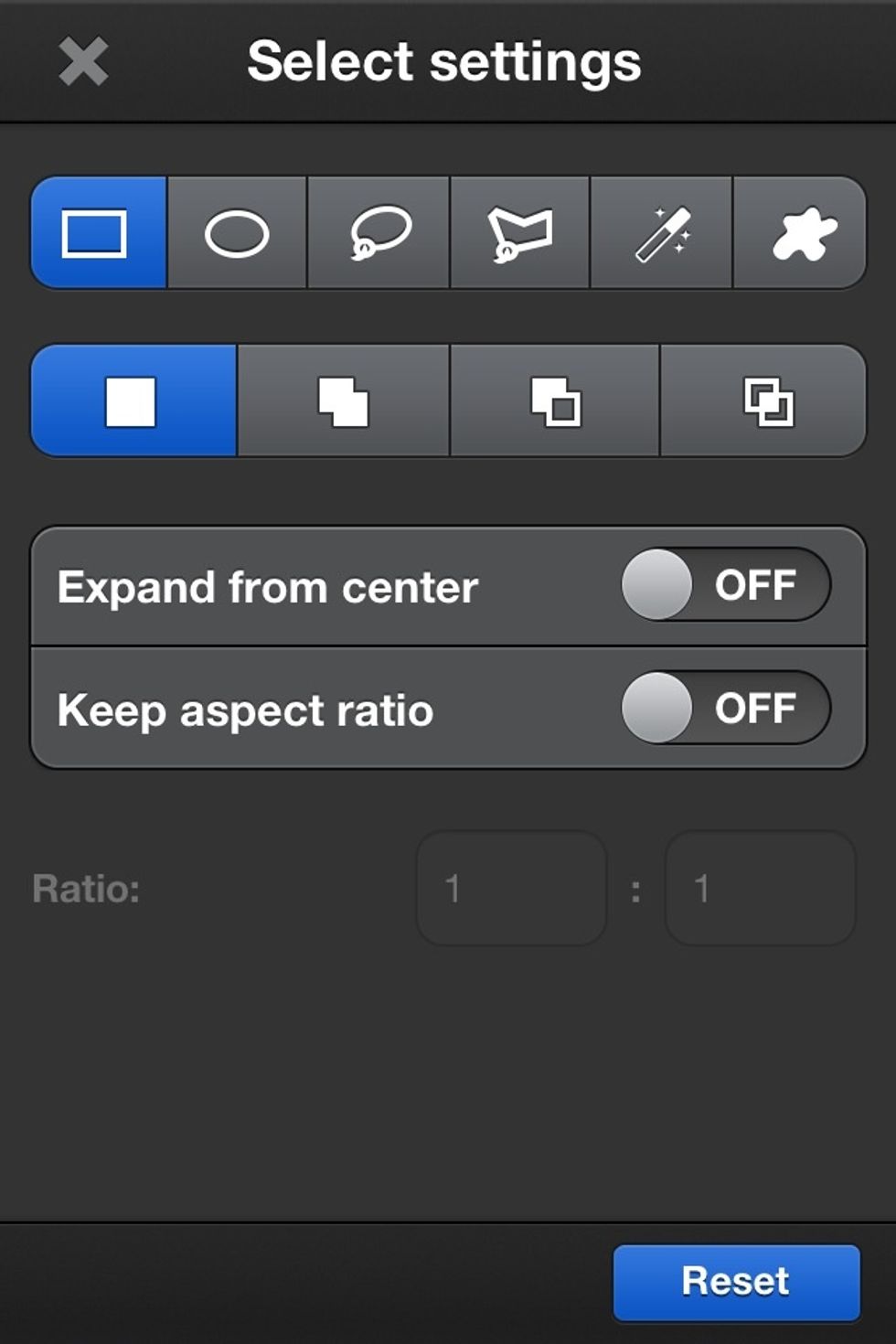 Here's a peak at the selections menu. This is found by double tapping the selection tools found at the bottom of the screen.