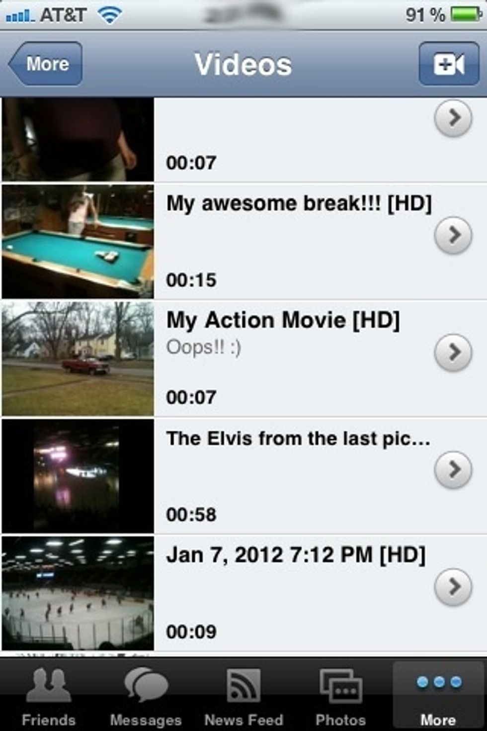 Here's a screen shot of your videos. Clicking your photos will open a similar photos list. The images and videos display on status updates very nicely in the app too.