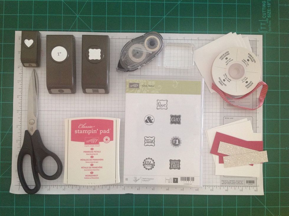 Here's all the supplies. The "Ciao, Baby!" Stamp set is from the 2013 Spring Catalog, and the Mini Curly Punch is from the 2013 Sale-a-Braation Catalog.