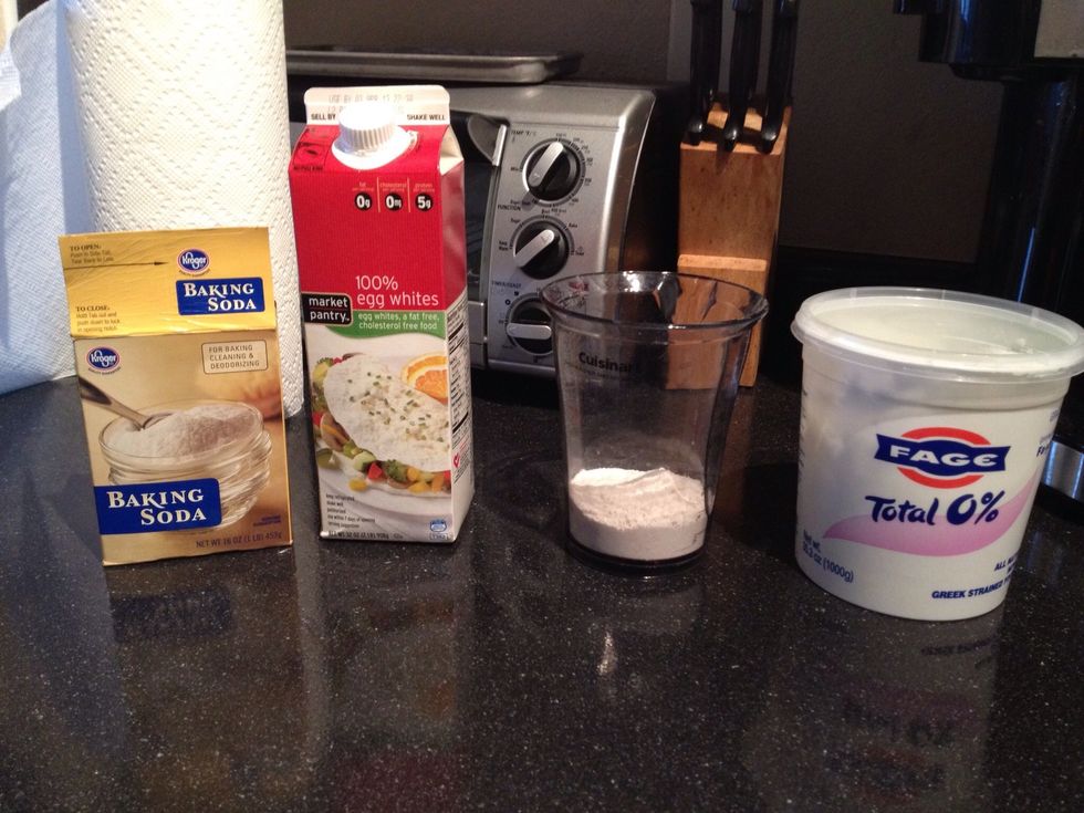 Here's all you need. (baking soda, egg (or egg whites), flour, and greek yogurt)