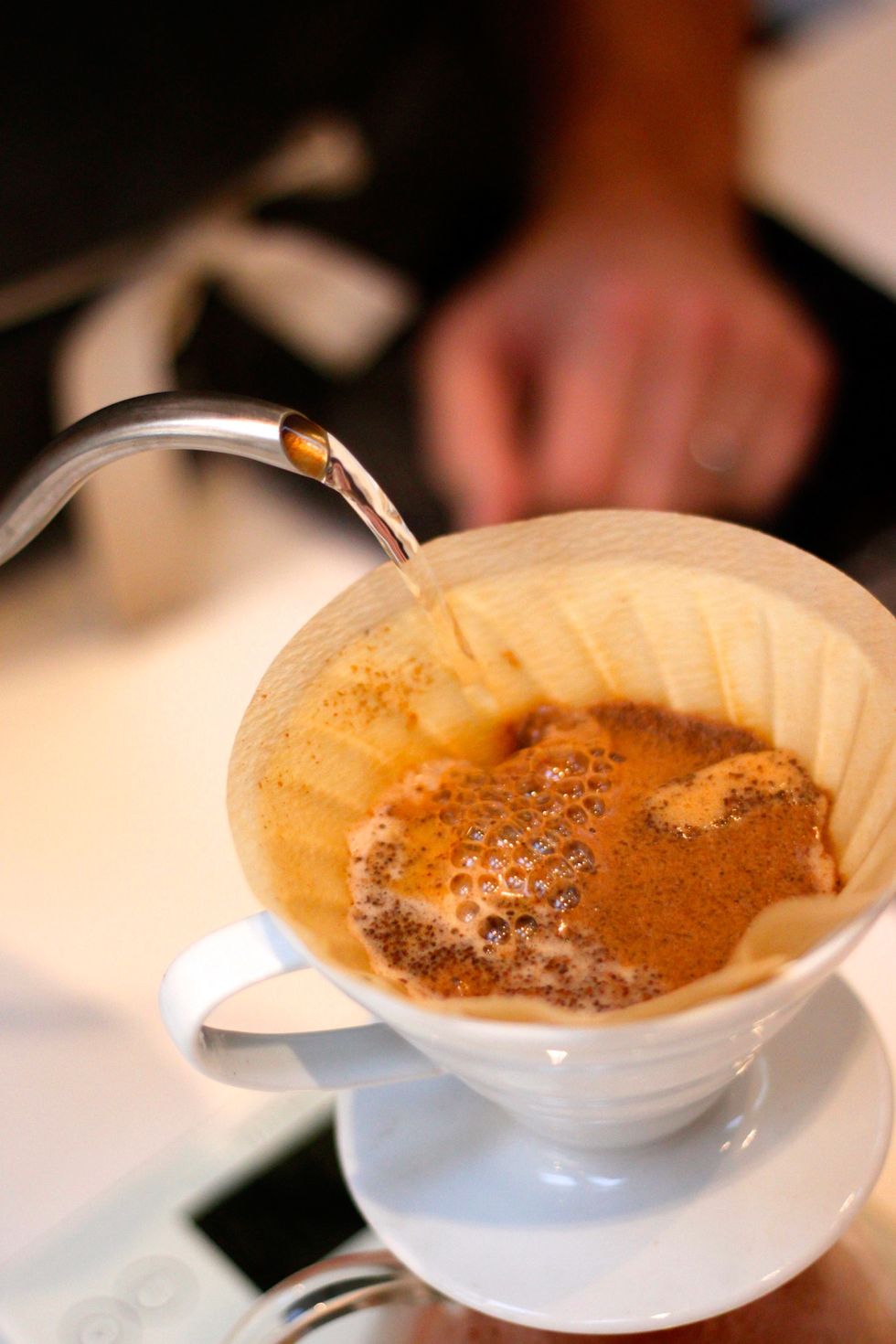 Here's an example of how it should NOT LOOK. This is an example of an uneven pour with too much pressure. Those uneven bubbles are not good for even distribution of water over the beans. Don't do this