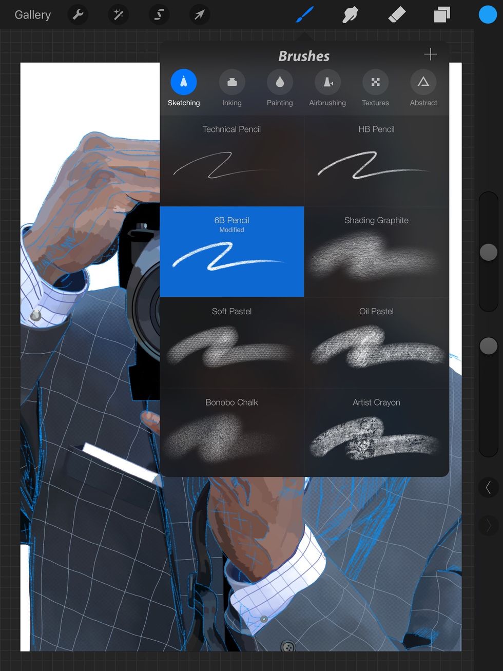 Here's how the tool looks. Under the brushes settings I choose the sketching tools and then the 6B pencil. I use a light blue because it's an old comic book trick for a rough sketch.