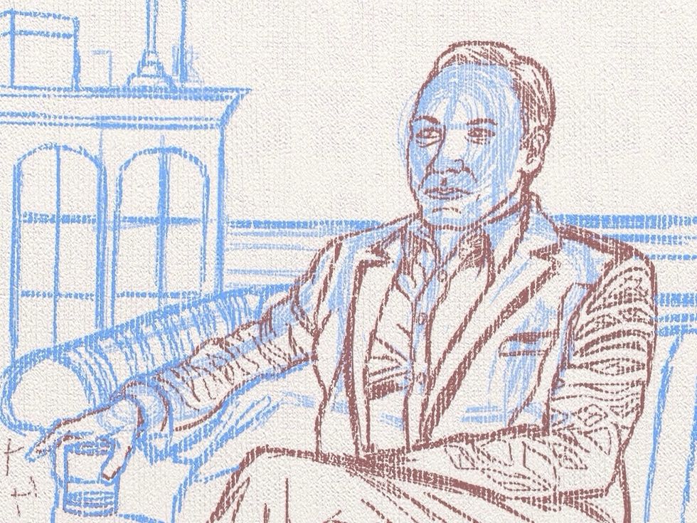 Here's the basic sketch with details starting to form. A pale red sketch goes over the blue for the detail work.