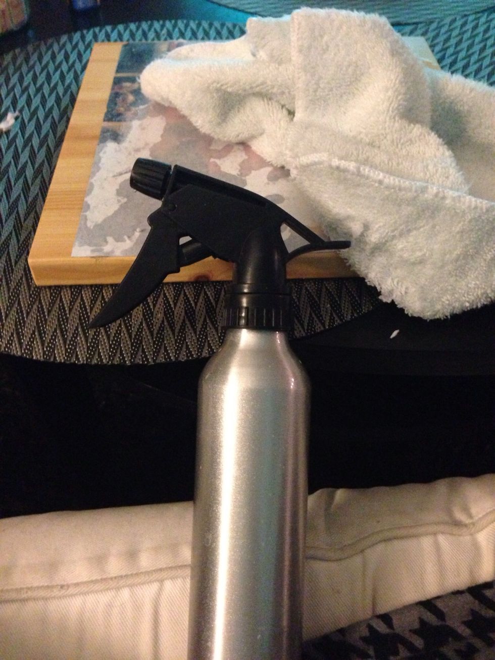 Here's the fun part. Time to remove the paper revealing the transferred pic underneath. I used a spray bottle to wet the pic.