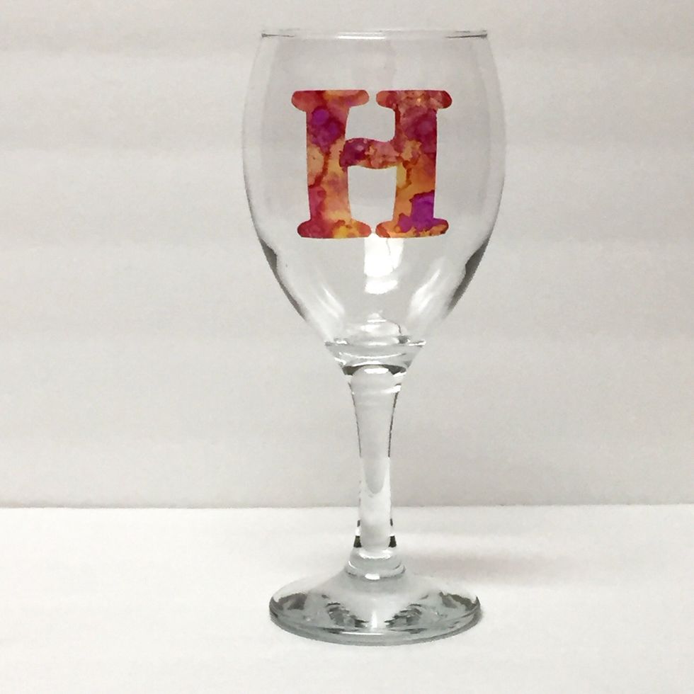 here's the monogram affixed to the glass. the Cling Vinyl monograms are easy to adhere and remove and leave NO residue on the glass. AND they are reusable!