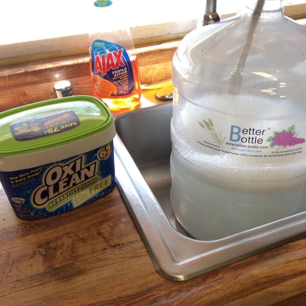 Here's the Oxyclean. FREE is vital. No dye, perfume, or chlorine. Follow the directions for amount per gallon. Cleans the carboys. Let them sit for 30 minutes then rinse out.