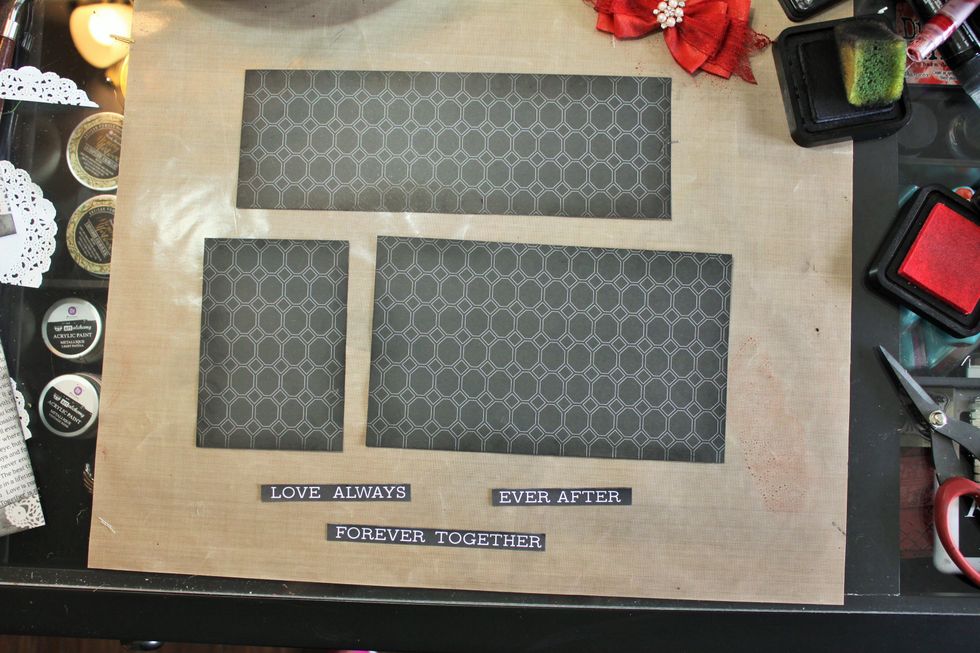 Here's the pieces that I cut from the black hex paper. I, also, saved the word strip from one of the patterned papers to use as my title.