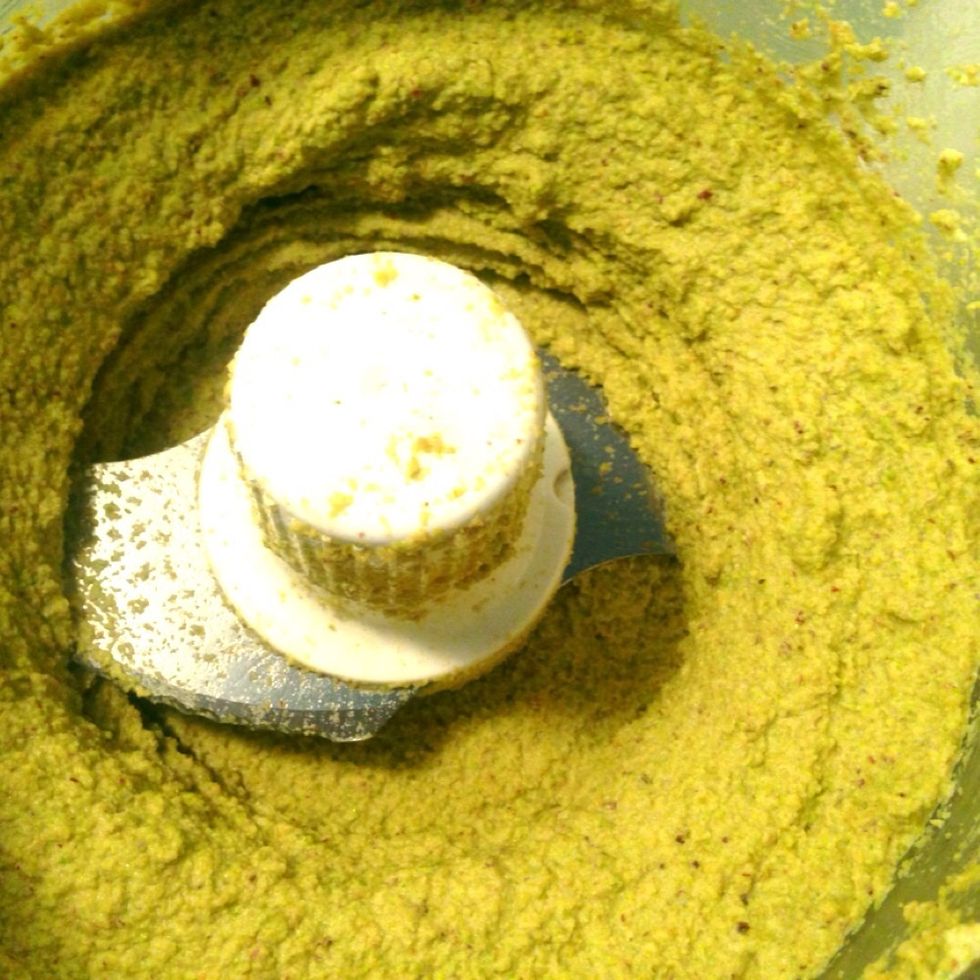 Here's the pistachio butter after slowly adding the water and processing.