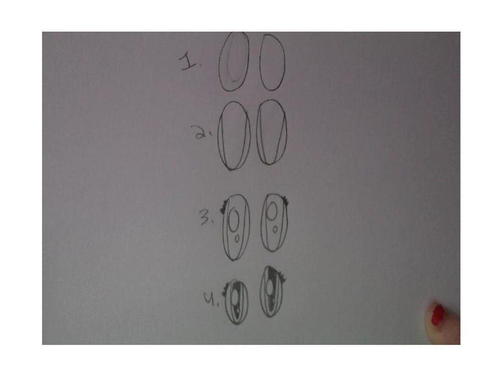 Here's the steps to draw the eye draw with pencil and draw lightly because if you have to erase it looks better without marks. :)