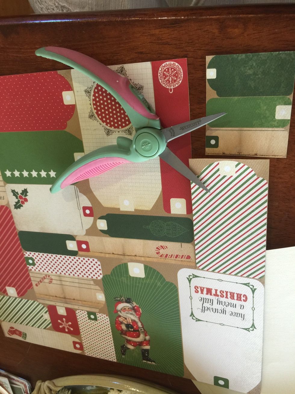 Here's the tags! Cut these out too. I punched holes in the fake holes and tied string and ribbons through to make them real.