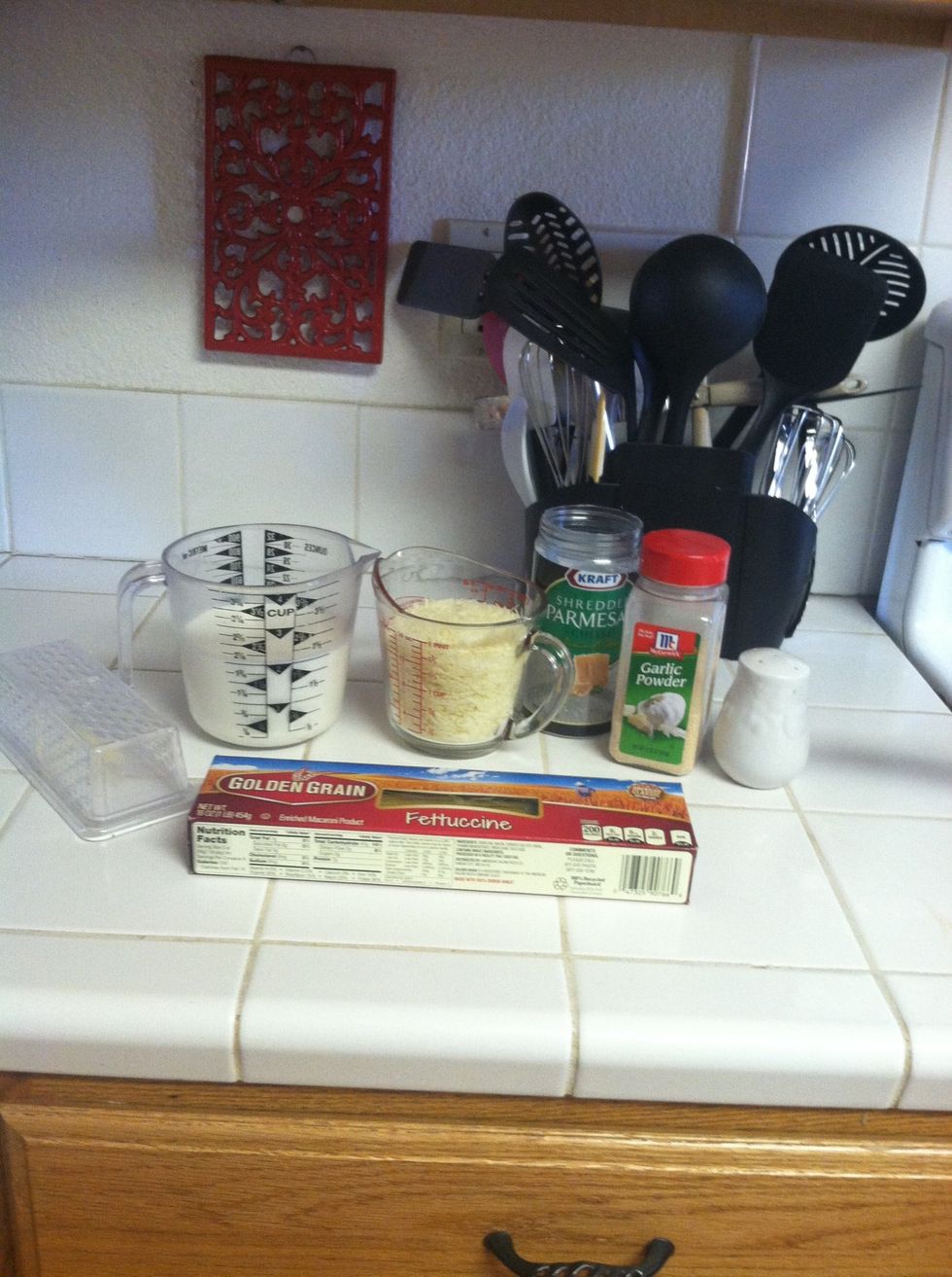 Here's ur ingredients:) very simple and u should use a whisk for the sauce the butters in the fridge, i got shredded which is bad because the cheese takes forever to brake down i highly suggest grated