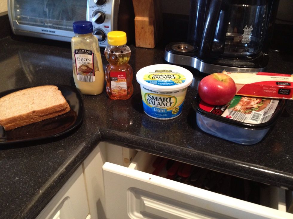 Here's what you'll need. I used muenster cheese but cheddar works better I think..sharper the better so it clashes with the apple.