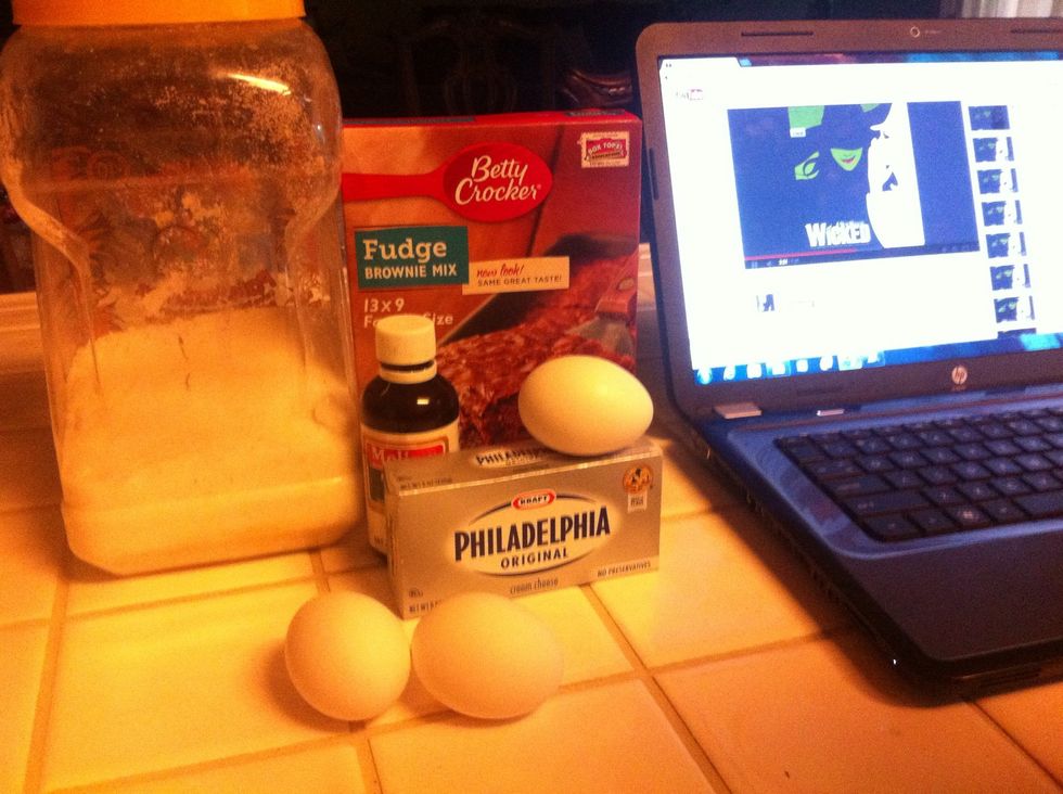 Here's what you will need (of course I've got my Wicked music back on)Also note: there are extra eggs to follow the brownie mix directions. Oh! And preheat your oven to 350 degrees