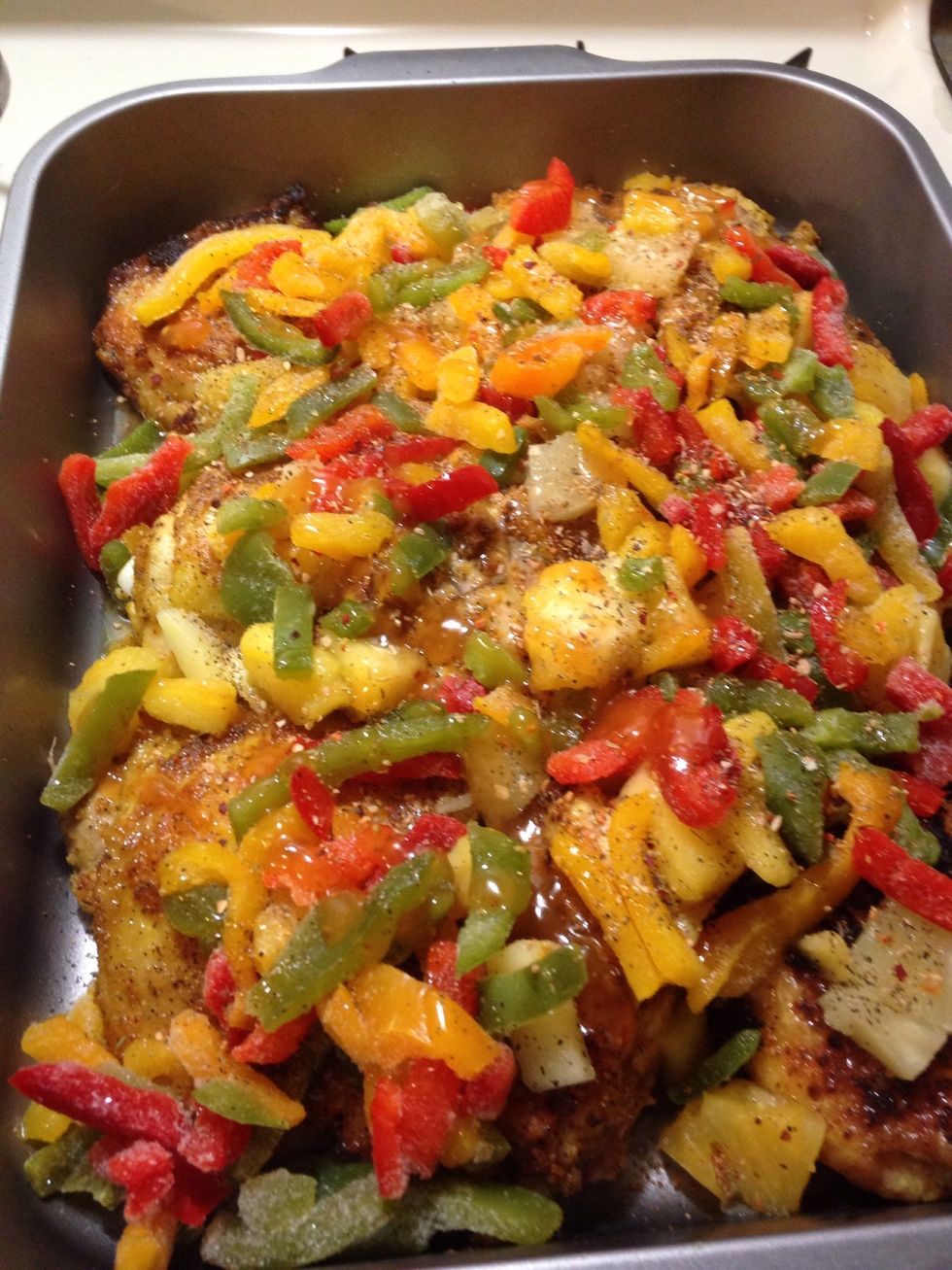 Here the product before it went into the oven. For color and taste I added turmeric with the other seasonings and a light dusting of flour and then seared the chicken