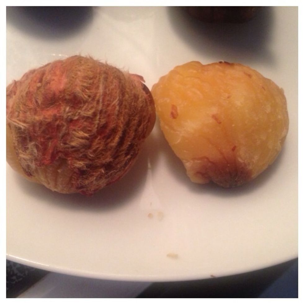 Here they are without the shell, one with (left) and without (right) the skin. Peel shell and skin with the tips of your fingers not your fingernails as shell and skin can push under the nail...OUCH!