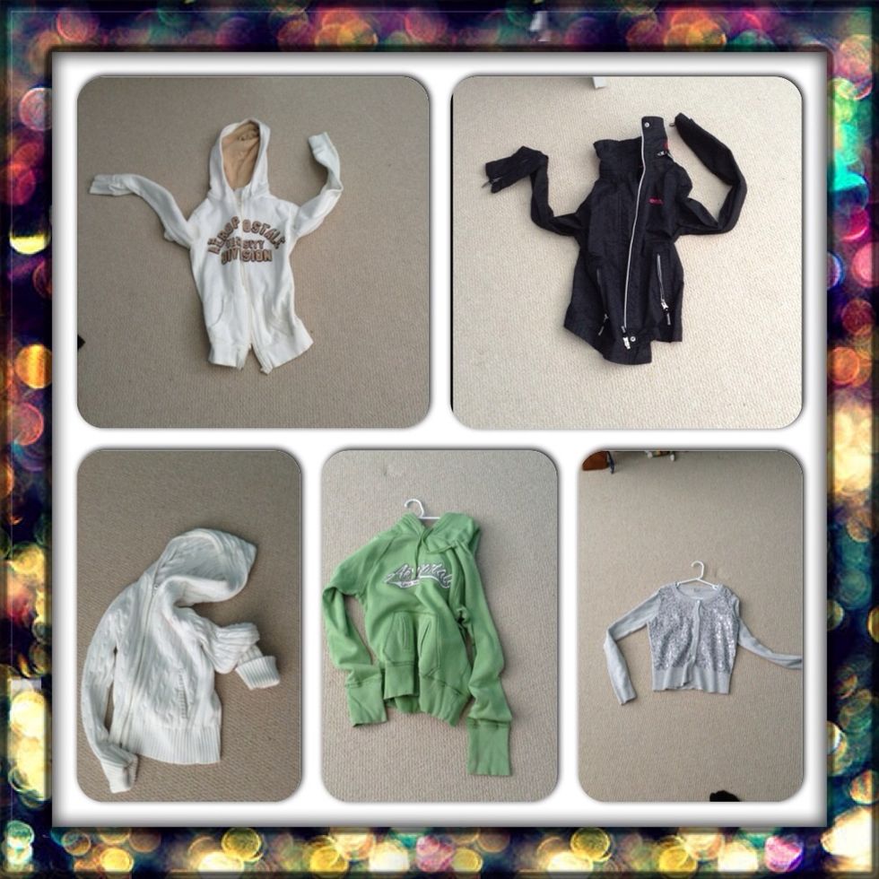 Here we have hoodies! Any one will do, but these are my five favorites! As you can see, Some of them are from Aeropostale, And some of them are from Lululemon and bench!