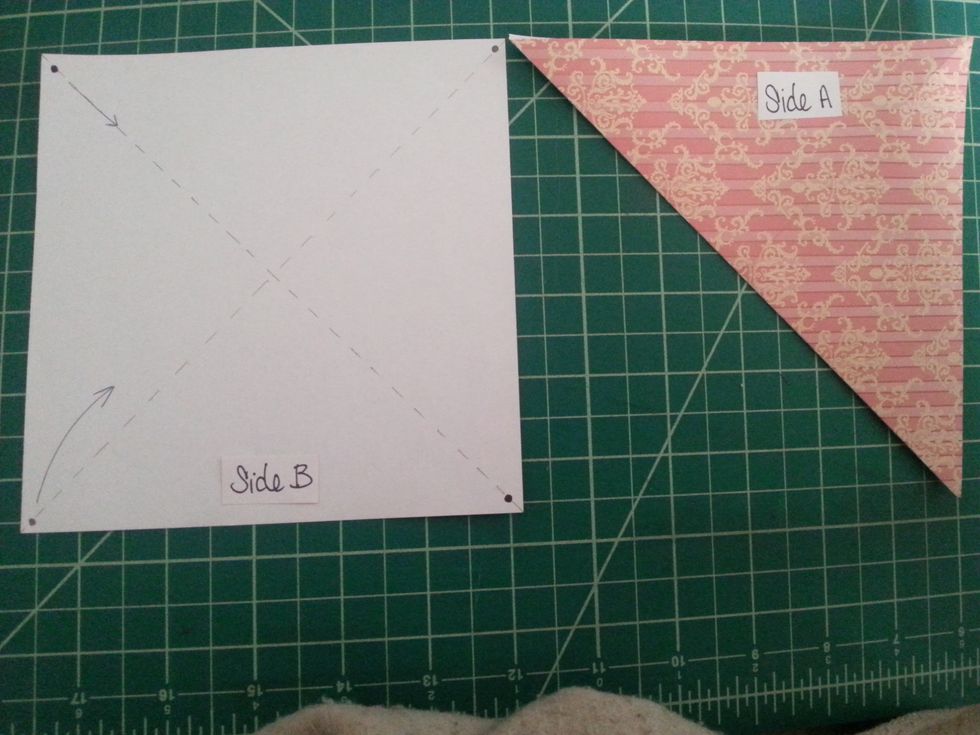 Here we'll repeat step 2, but this time unfold your paper, and take the bottom left hand corner and valley fold to meet the top right hand corner. End shape should match shape on right.