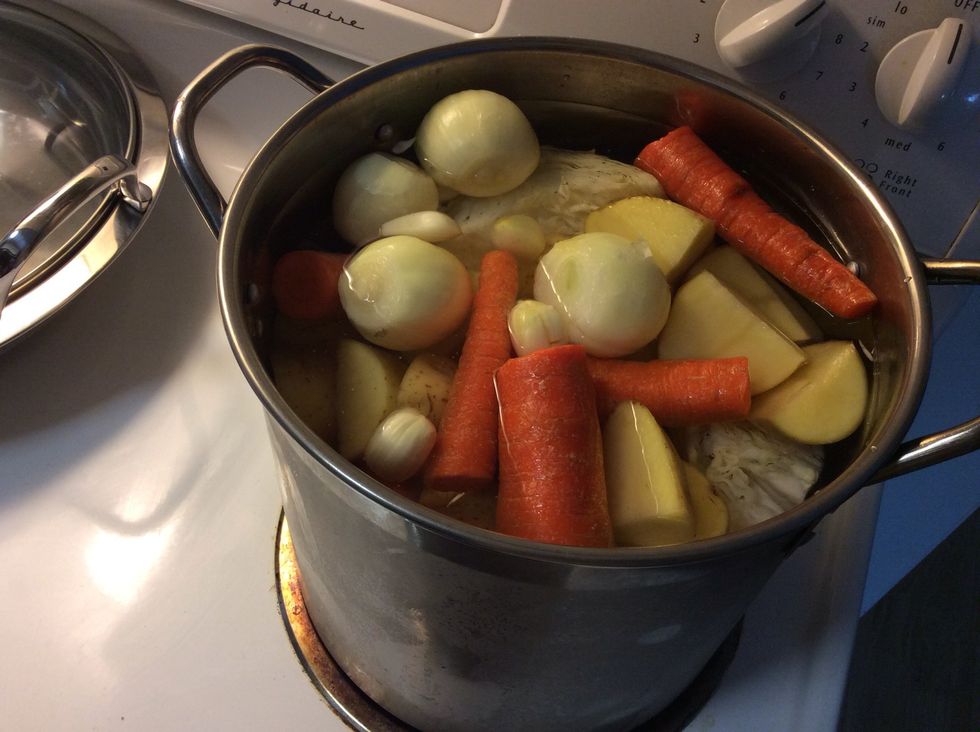 Here we put everything in whoops you just want the onion and garlic in there we had to take out the potatoes carrots and cabbage. Them we let the water come to a boil for the first time.
