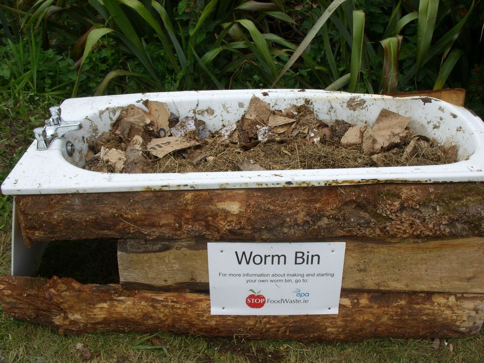 Here we used an old cast iron bath, filled with bedding and worms. The plughole provides a ready-made drainage for the worm tea. Be sure to make a tight-fitting lid or rodents may be a problem!
