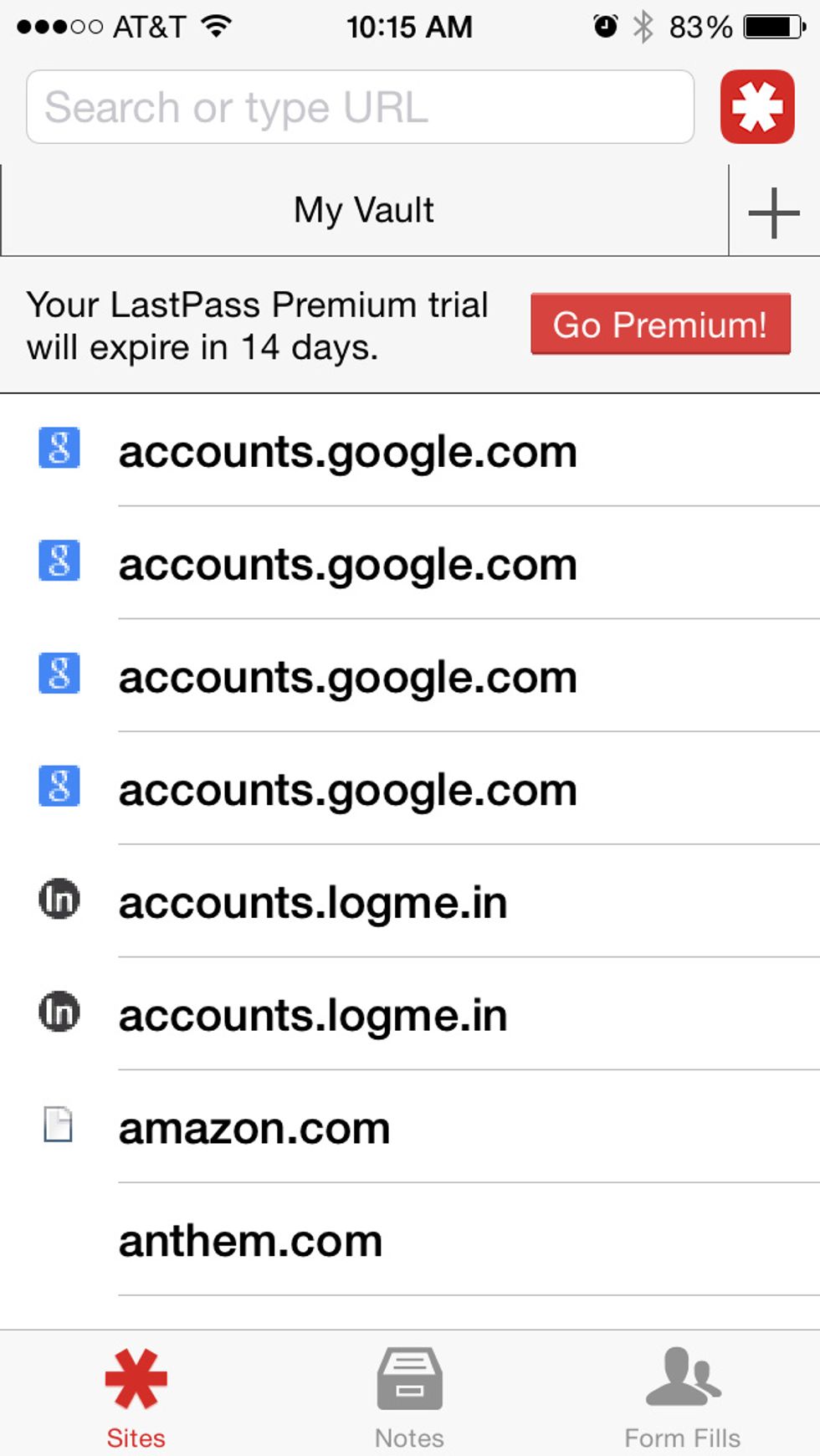 Here you are in your Vault. Now tap the red LastPass logo in the upper right hand corner.