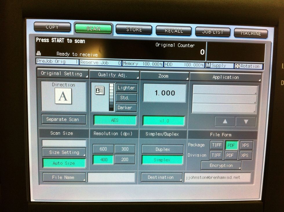 Here you can choose file type, page settings, and even one-sided or two-sided. Now just put your paper(s) in the top and hit Start on the keypad!