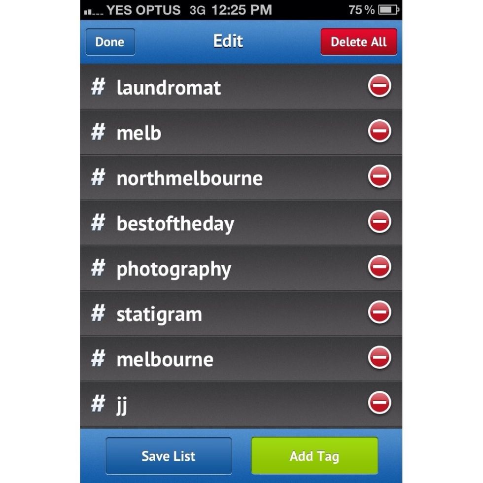 Here you can delete tags individually with a single press or all at once by clicking in the top-right corner. Because I take lots of shots in the area, I'm going to save the list (bottom-left).