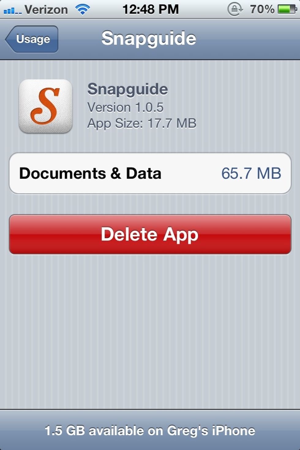 Here you can see the breakdown of the memory footprint for the app to delete. Listed is the size of the app itself and then the memory used for user data and settings.