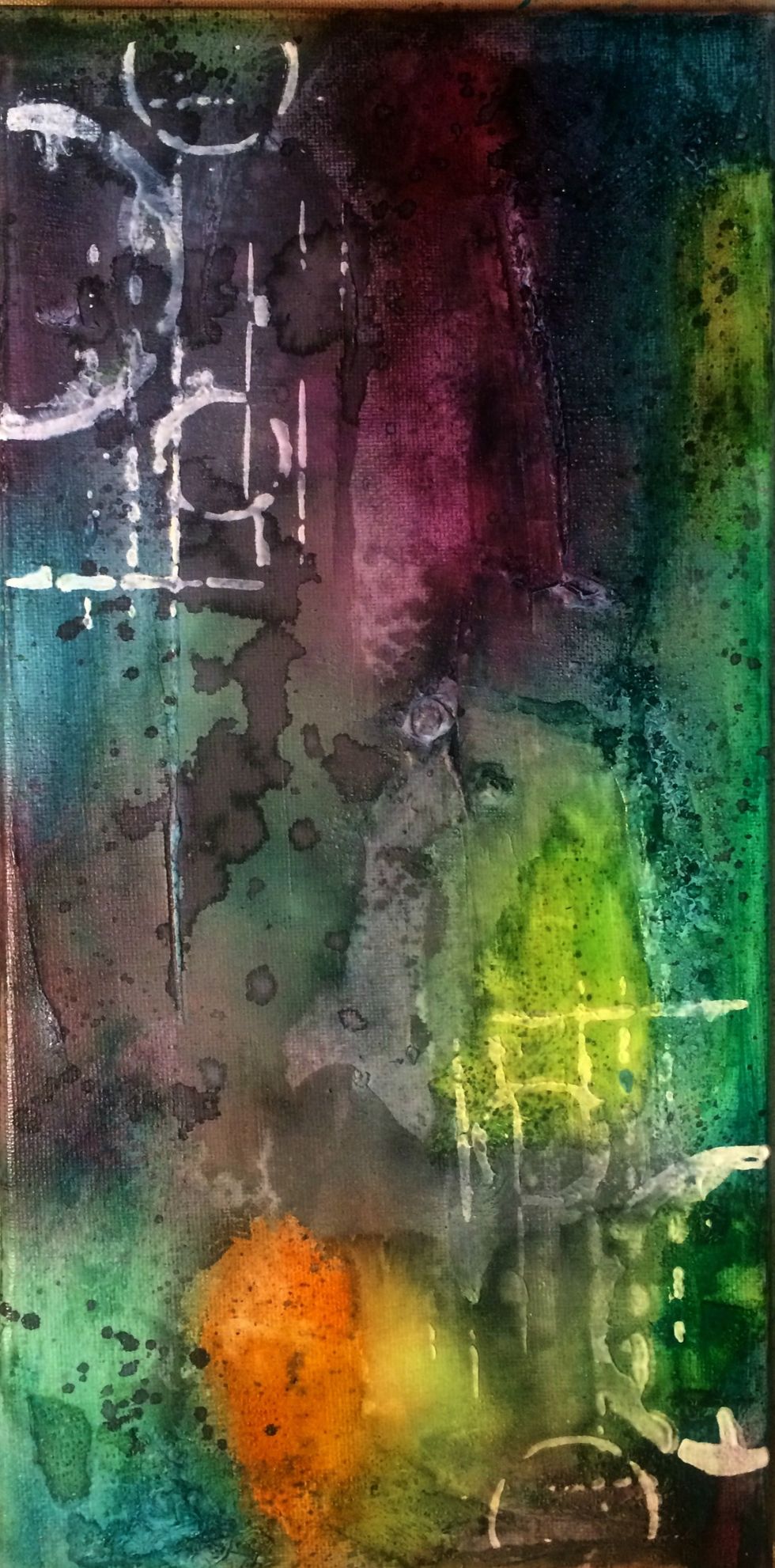 Here you can see the Mud applied to the canvas at the top left and bottom right. The fixatiff prevents the colors from absorbing into the Mud. I wanted it to stay white.