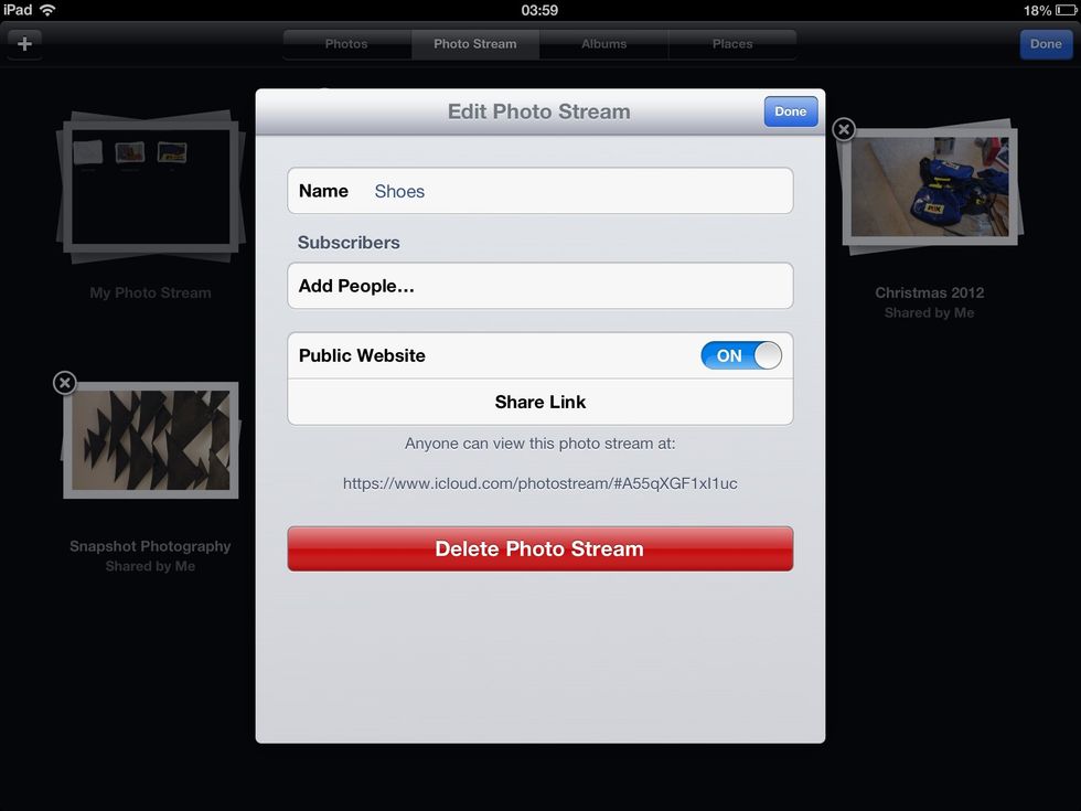 Here you can share the link add subscribers and change the name of your photo stream