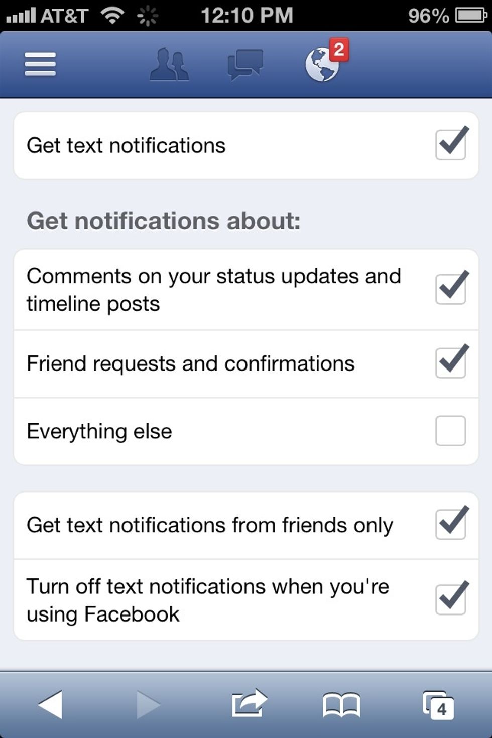 Here you can toggle on and off the options such as what you do or do not want to receive from your Facebook profile in a text message. Like I said, you're in control.