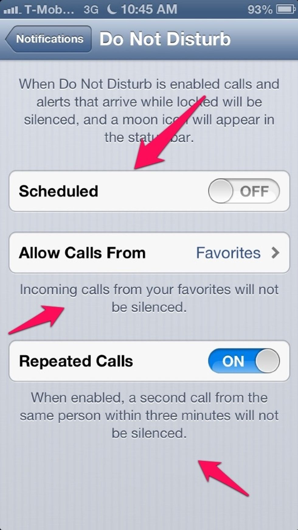 Here you can turn on scheduled mode, where you can set a schedule for it. You can set groups who you would like to receive calls from even if DND is on (your favorites). And allow repeated calls.