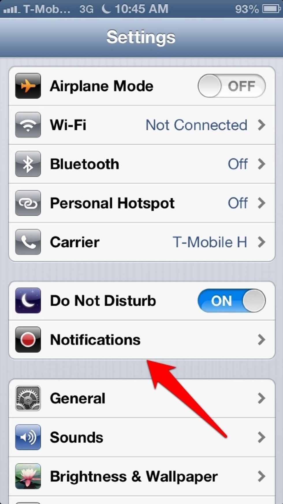 Here you can turn the do not disturb on. To customize it tap on notifications.