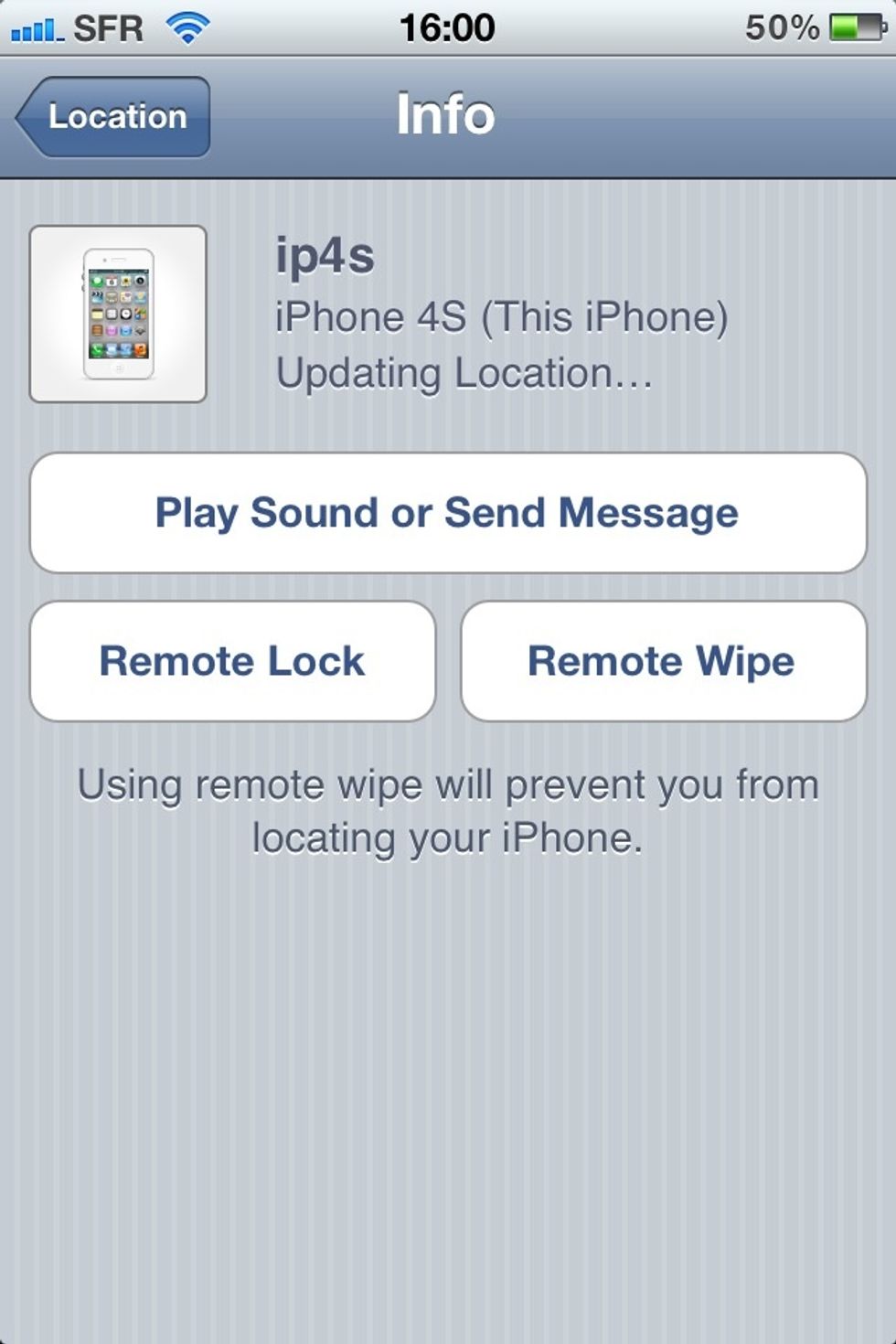 Here you have three options: "remote lock" to lock your device, "remote wipe" which will DELETE everything on your device and the one we will use now "play sound or send message"