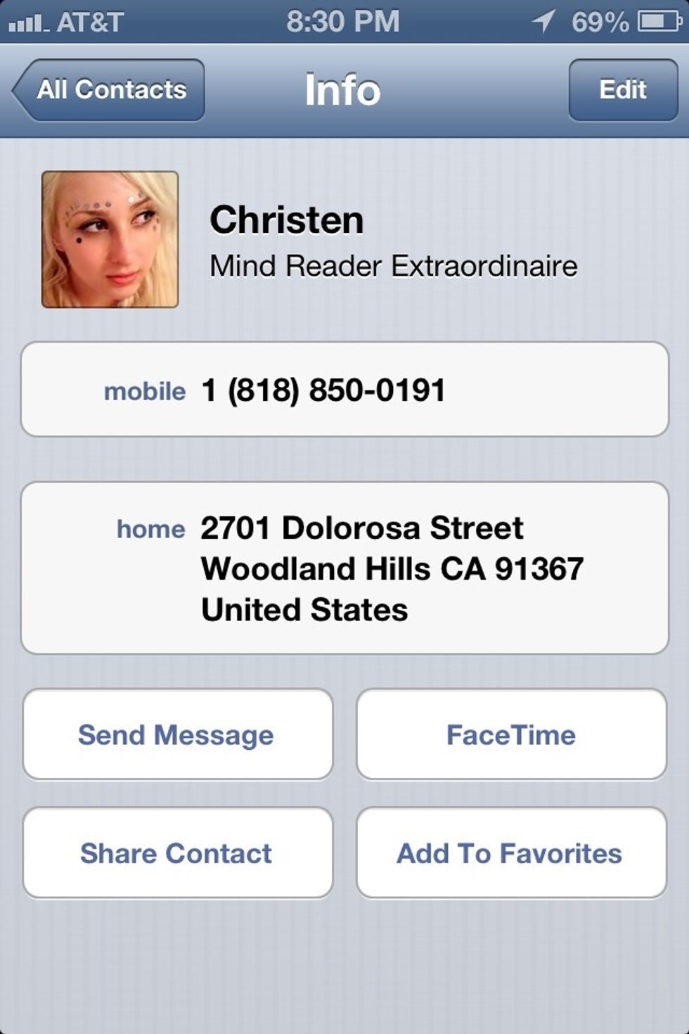 Here you'll find your psychics contact info. But this is also where you'll secretly tell the app which card your spectator named.