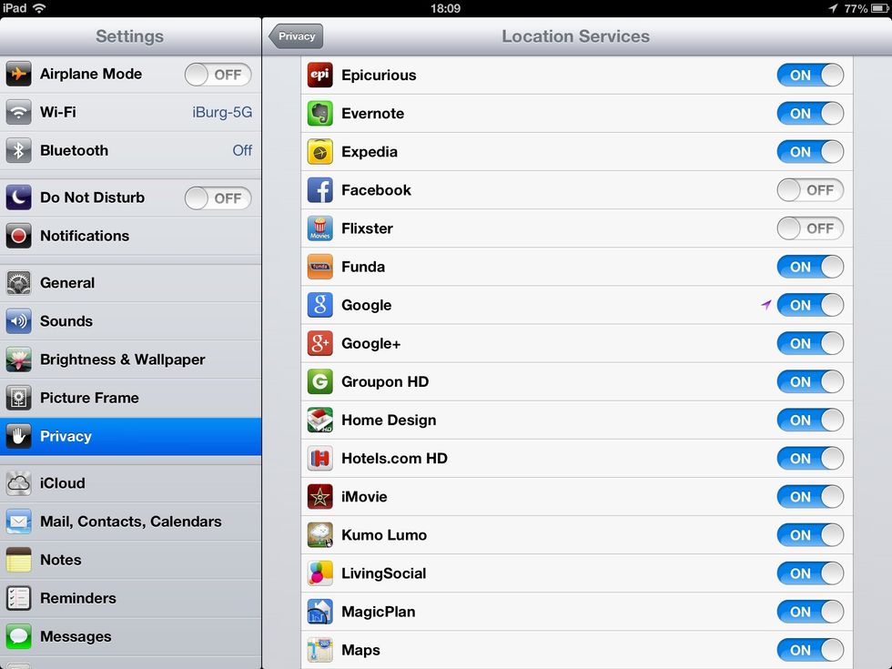 Here you see the Google app with a blue arrow next to it. A blue arrow means the app is currently and actively using the location services. That'll drain the battery significantly.